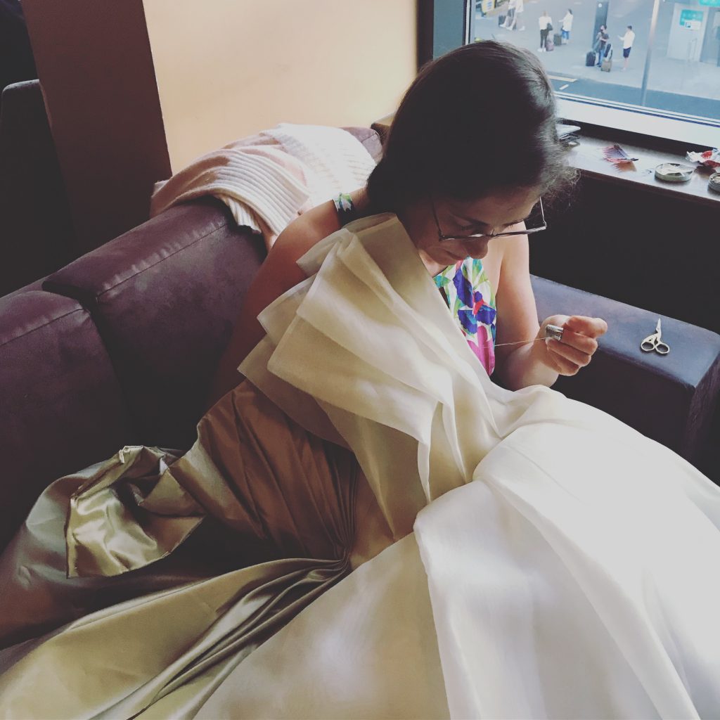 Working on the Dior style gown in the airport hotel (c) Cathy Hay