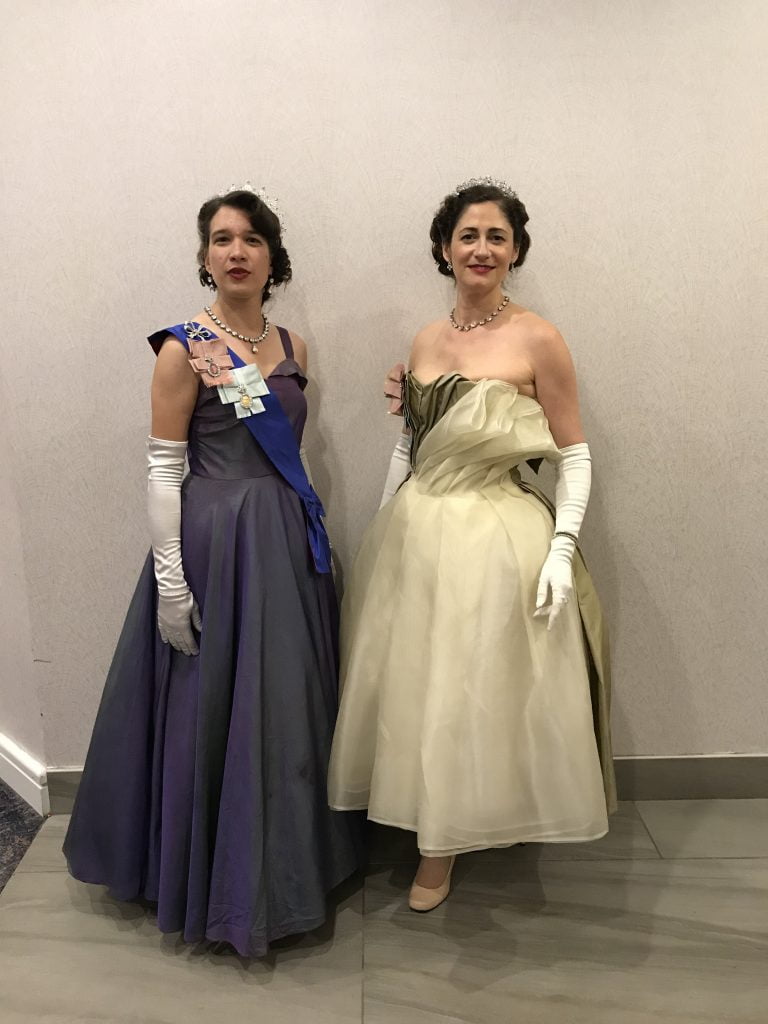 Constance MacKenzie and Cathy Hay as Queen Elizabeth II and Princess Margaret at Costume College 2018