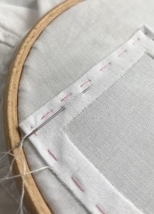 Patch - sewing tiny stitches in a hoop, (c) Cathy Hay 2018