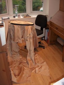 Oak leaf dress skirt in its hoop near completion, (c)2009 Cathy Hay