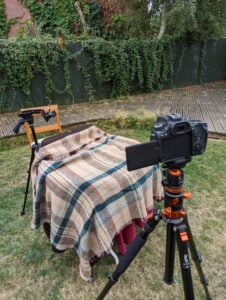 Filming a sewing project in the garden